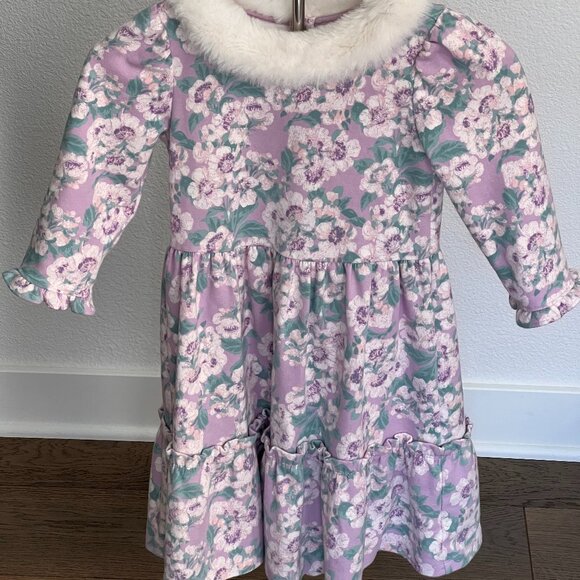 Janie and Jack Other - Janie and Jack purple floral dress with faux fur collar EUC like-new